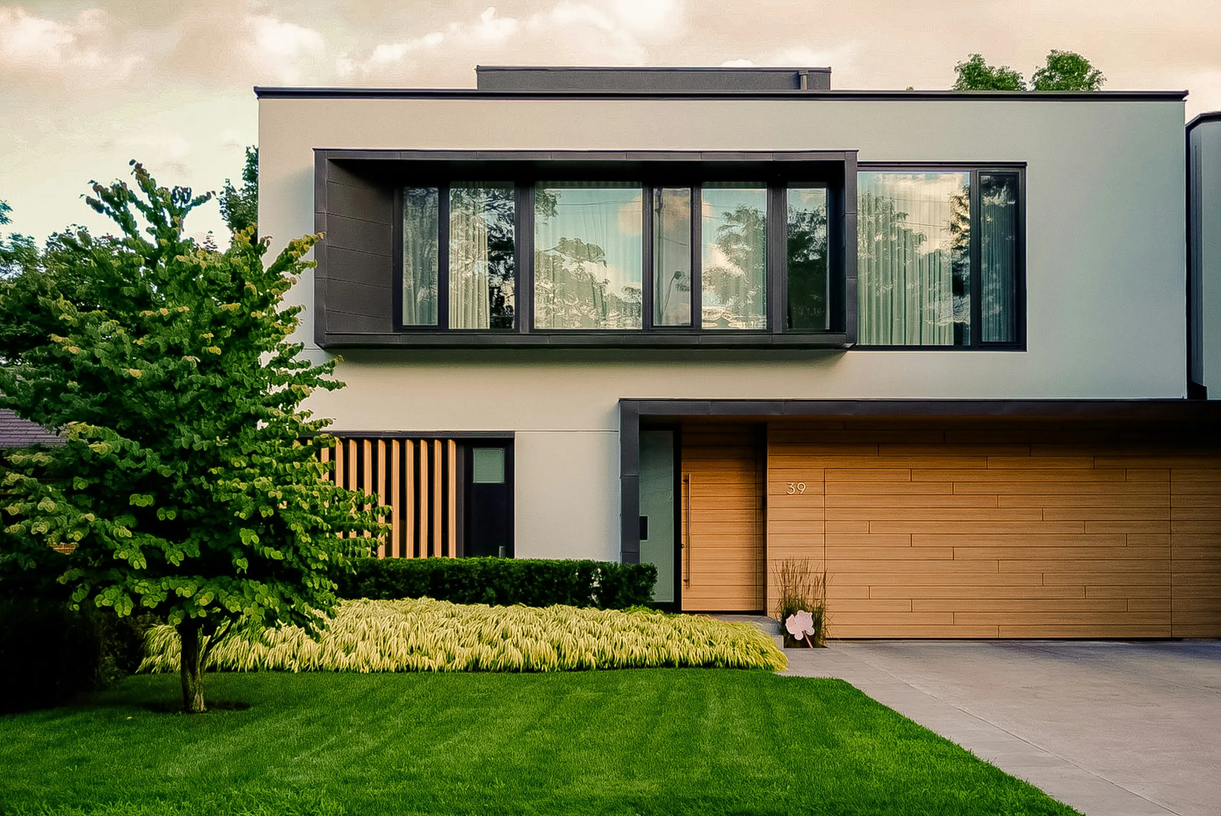 Moderne Villa mit Flachdach, Holz-Garagentor und Rasen